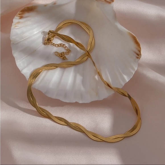 18K Gold Plated Braided Herringbone Chain Necklace - Picture 7 of 10